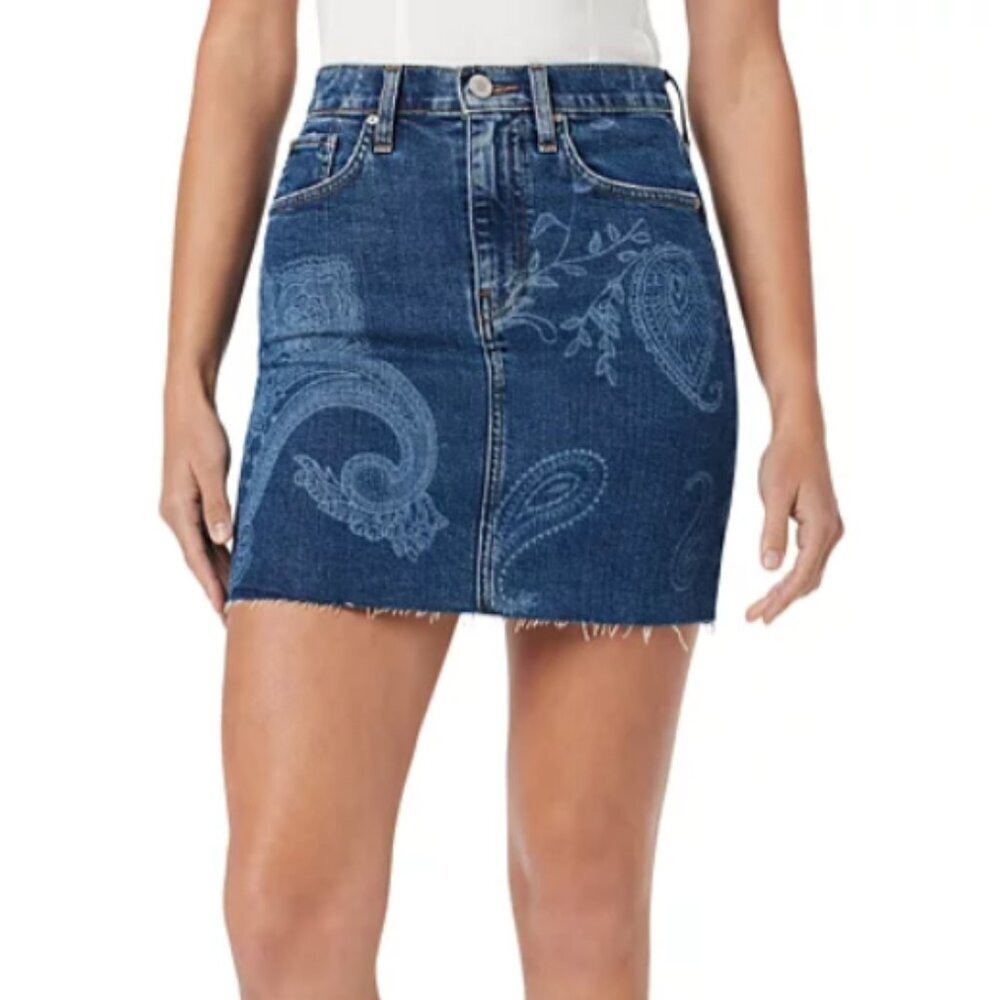 Size 10 Waist 30  Hudson Viper Paisley Cut Off Raw Hem Mini Indigo Jean Skirt